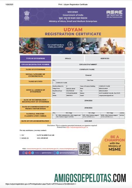 Certificado de registro Udyam da Índia para download, modelo Word e PDF, versão 5